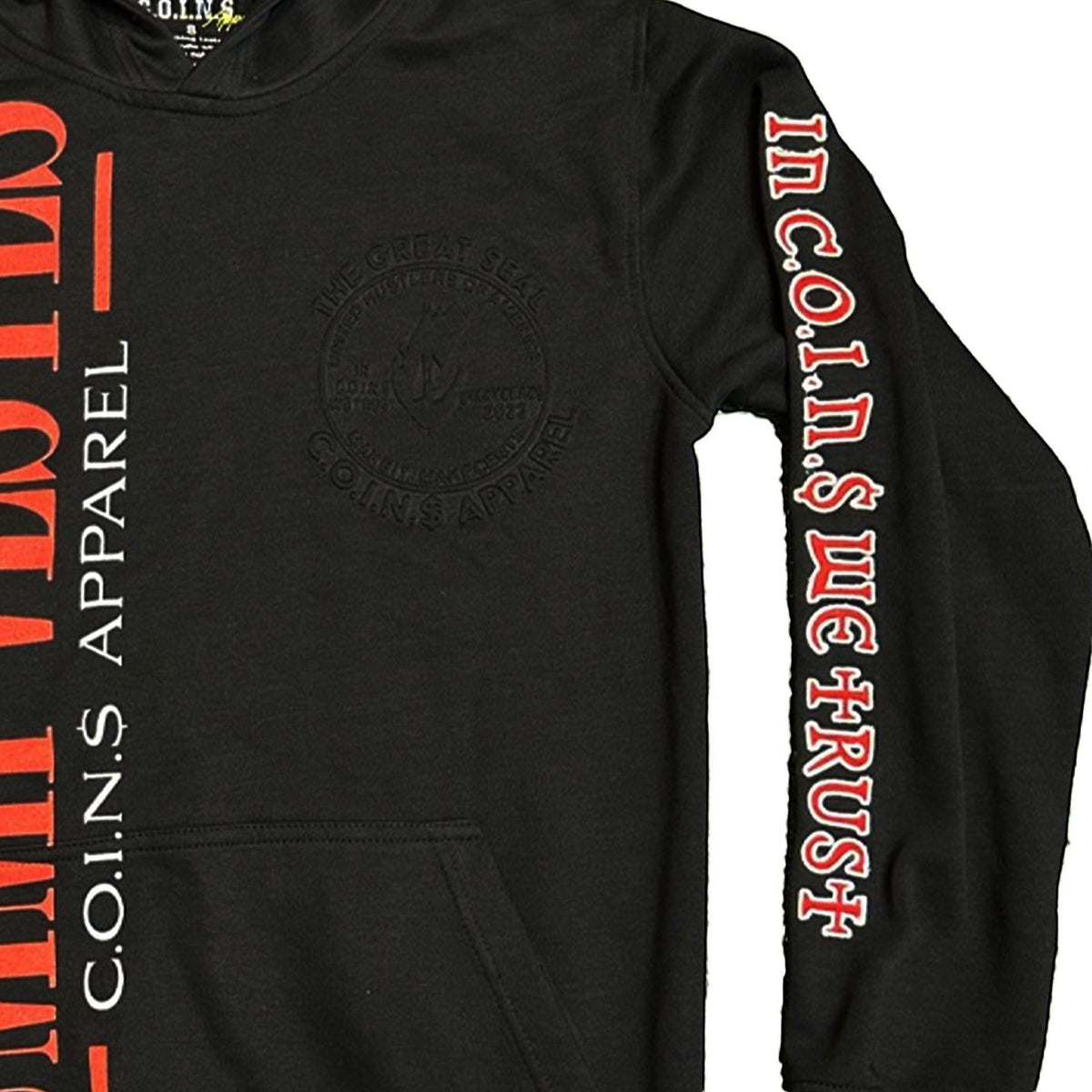 NUMMI VESTES black cotton pullover hoodie with red graphic text on sleeve and front, featuring embossed chest logo.