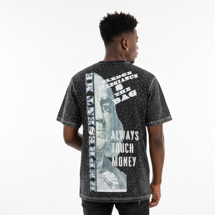 NUMMI VESTES black short sleeve crewneck t-shirt with a white currency graphic print and dotted texture on the back