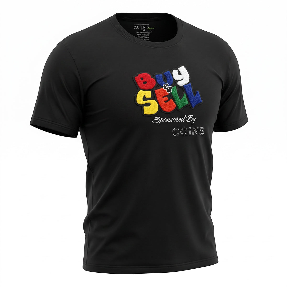 NUMMI VESTES black crewneck t-shirt featuring a vibrant multi-colored BUY & SELL graphic print on the chest.