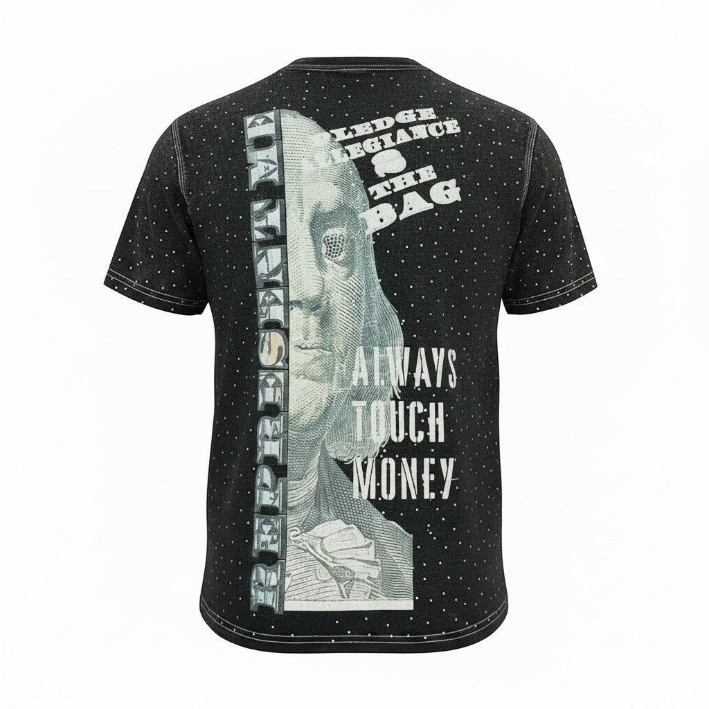 NUMMI VESTES black short sleeve crewneck t-shirt featuring a back graphic print of Benjamin Franklin and text.