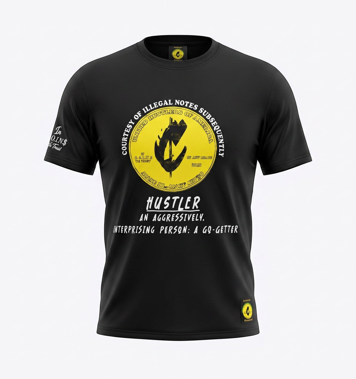 NUMMI VESTES black crew neck t-shirt with a yellow circular graphic print and white text on the front