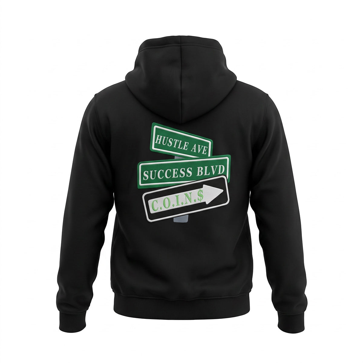 NUMMI VESTES black hooded sweatshirt featuring a back graphic of street signs reading Hustle Ave, Success Blvd, C.O.I.N.$