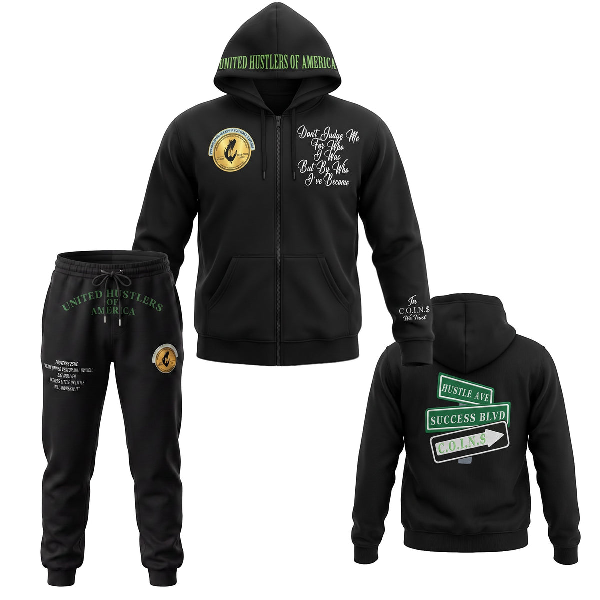 NUMMI VESTES black zippered hooded sweatsuit with green text, graphic prints, and motivational quotes