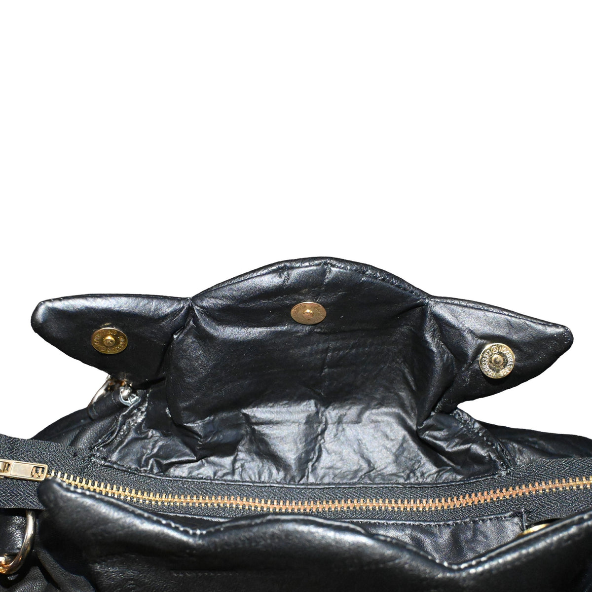 NUMMI VESTES black leather shoulder bag interior with gold-tone snap buttons and zipper closure