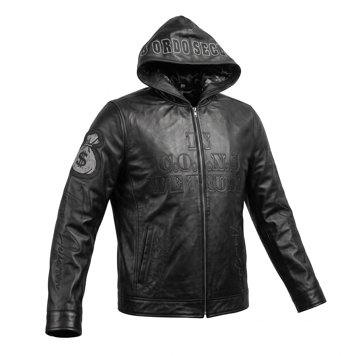 NUMMI VESTES black lambskin leather zippered hoodie with embossed text, rhinestone money bag patch, and hood detail.