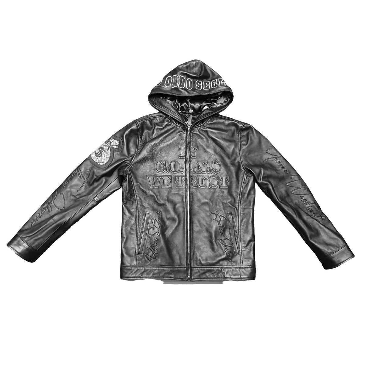 NUMMI VESTES black lambskin leather zippered hoodie with embossed text and rhinestone money bag shoulder accent.
