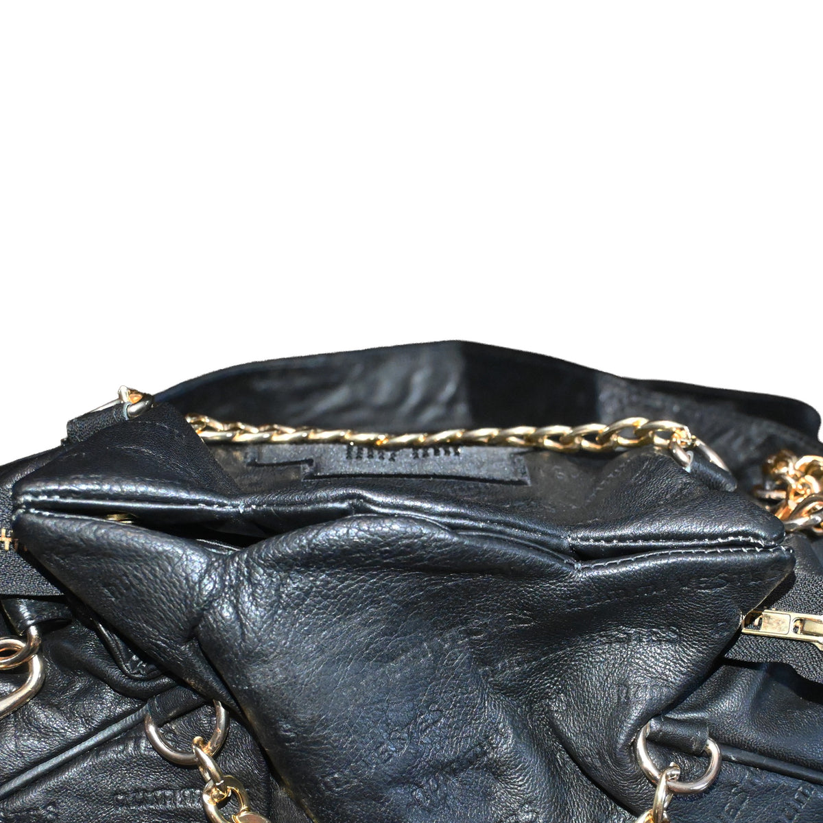 NUMMI VESTES black embossed leather shoulder bag with gold-tone chain strap and textured monogram detailing