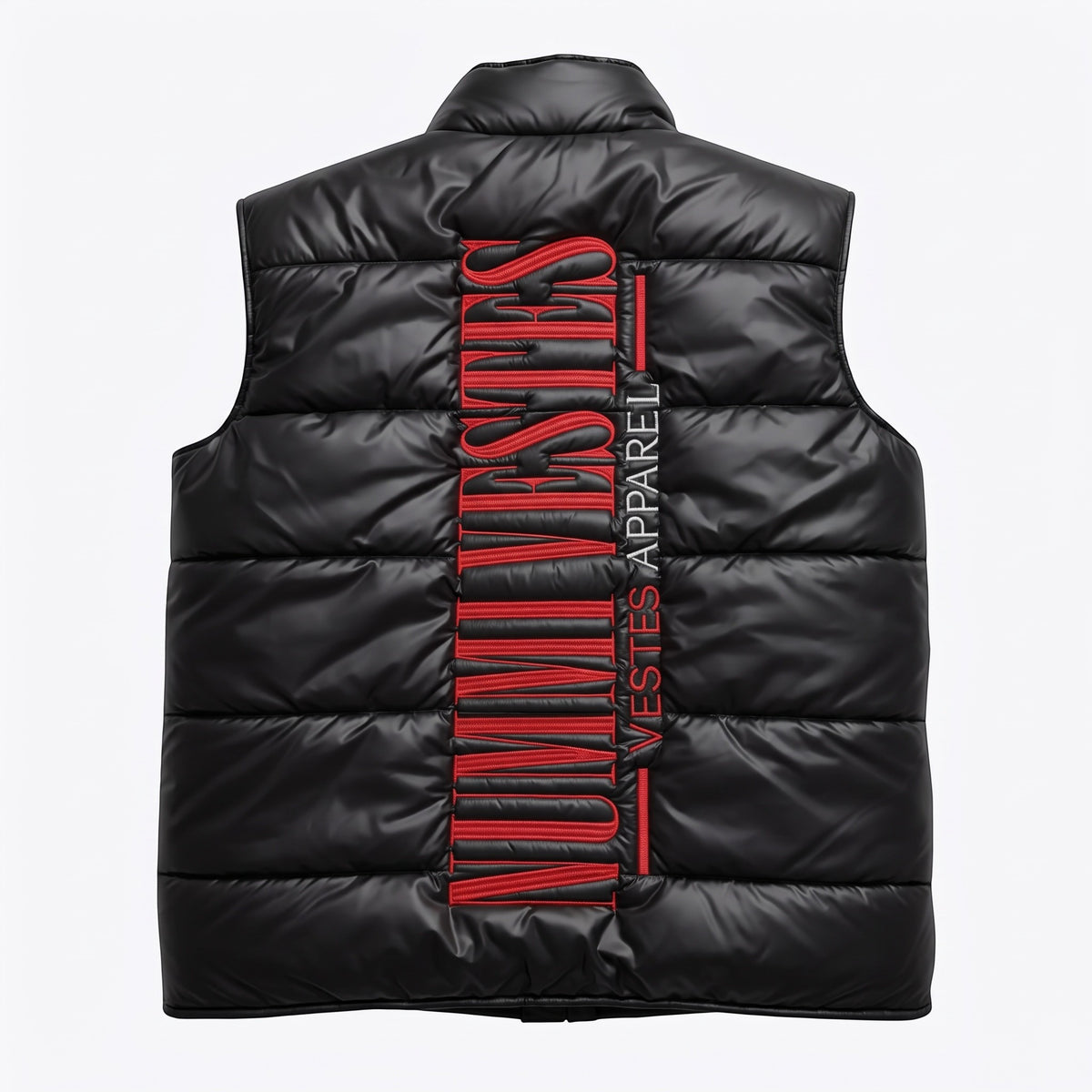 Back view of NUMMI VESTES black puffer vest with oversized vertical red embroidered logo and high-collar design