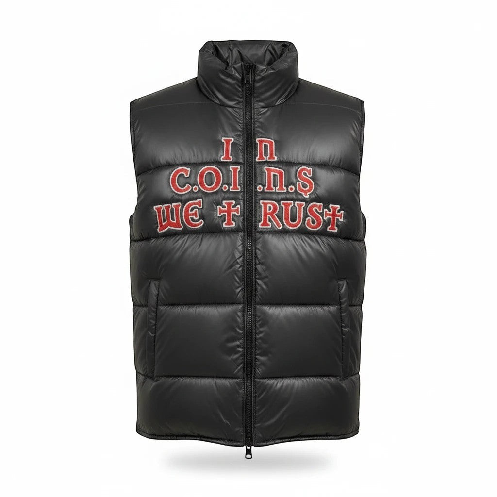 NUMMI VESTES black puffer vest with high-sheen finish and red embroidered lettering on the front chest