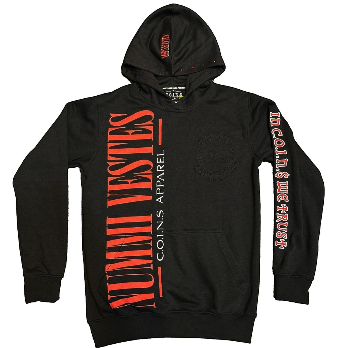 NUMMI VESTES black cotton pullover hoodie with bold red vertical branding, sleeve typography, and kangaroo pocket.