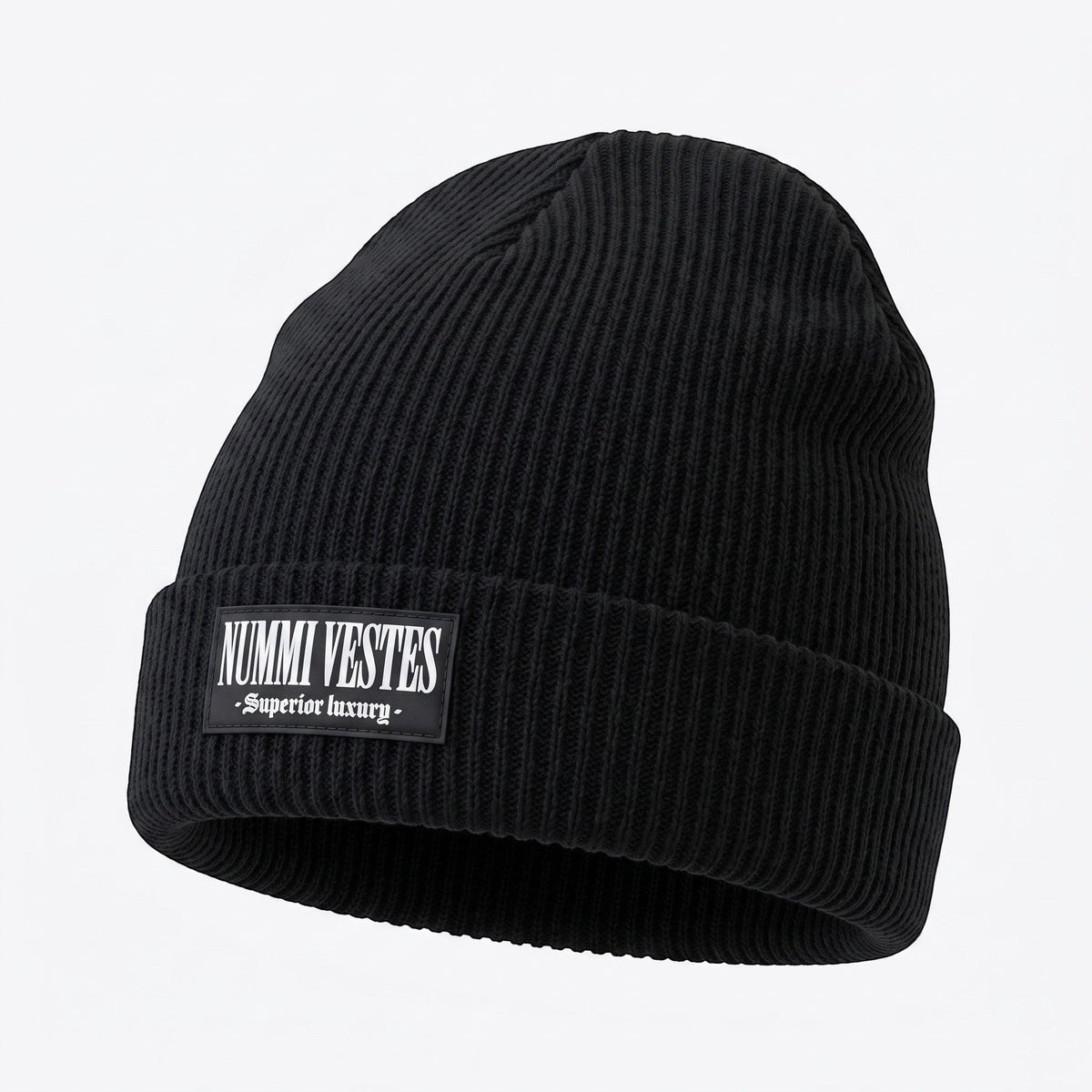 NUMMI VESTES black ribbed wool winter beanie with a branded patch on the folded cuff for a snug fit.