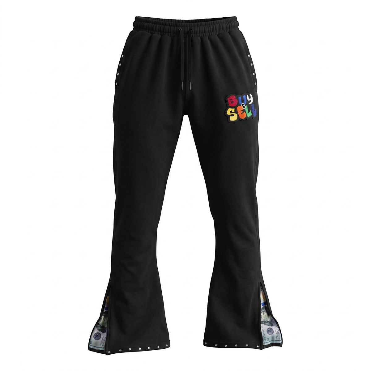 NUMMI VESTES black terry cotton flared joggers with colorful Buy & Sell graphic, rhinestone studs, and zippered hems.