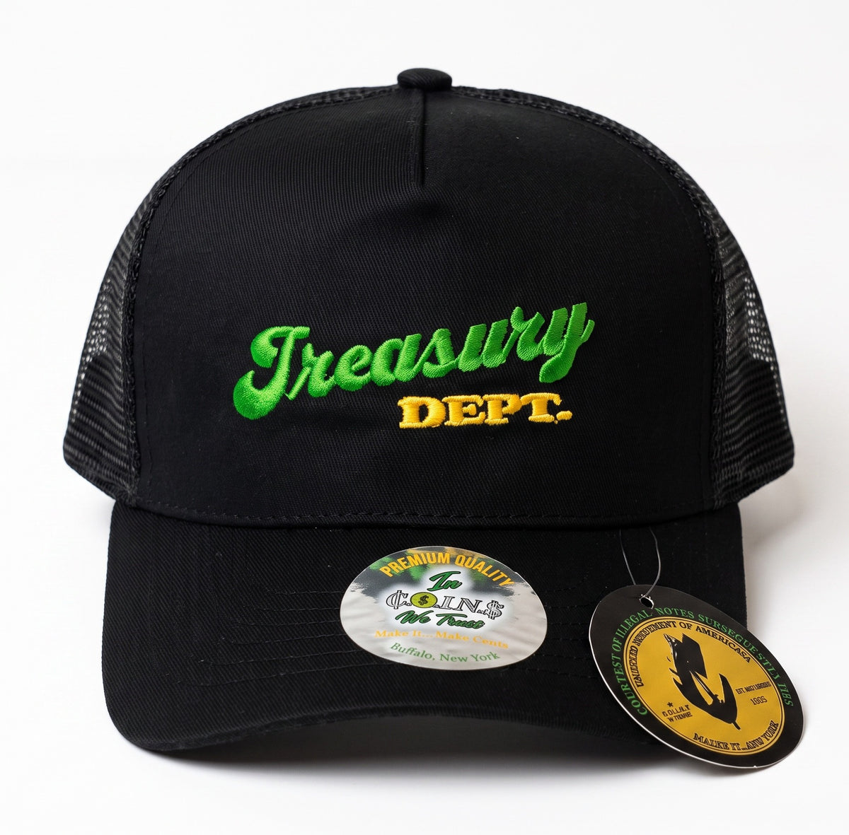 NUMMI VESTES black snapback trucker hat with green and yellow Treasury Dept embroidery and premium quality sticker