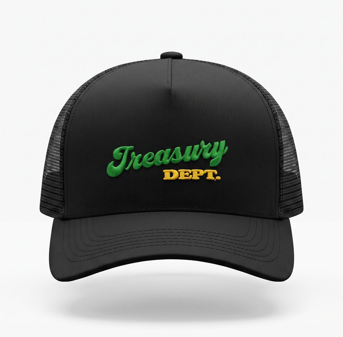 NUMMI VESTES black snapback trucker hat with green and yellow Treasury Dept embroidery on the front