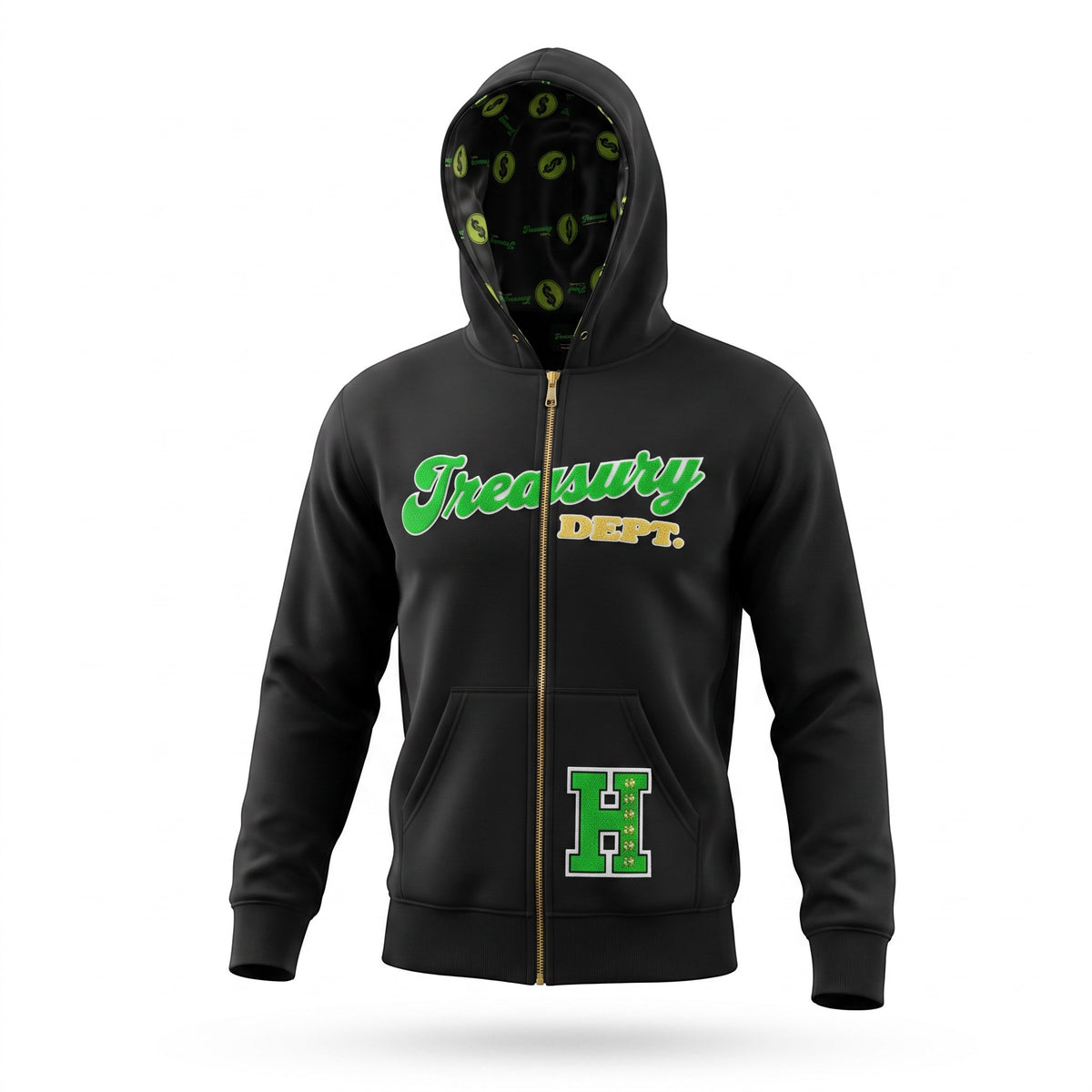 NUMMI VESTES black cotton-blend zip-up hoodie with Treasury Dept. embroidery, gold zipper, and patterned inner lining.