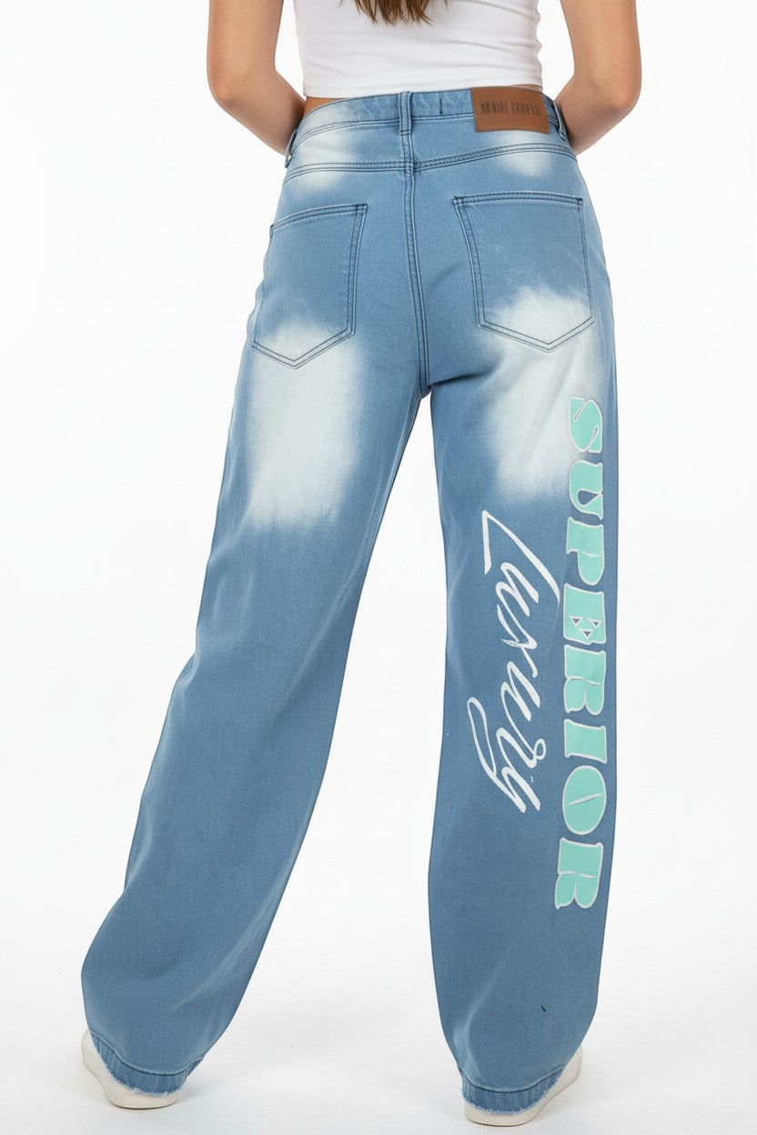 NUMMI VESTES light blue denim boyfriend jeans with Superior Luxury embroidery on the back leg, rear view