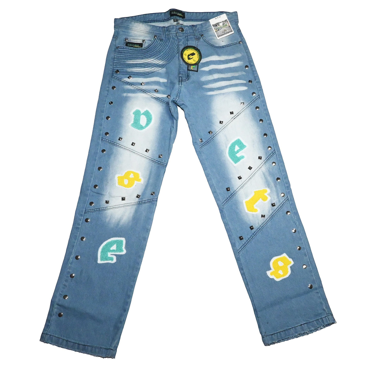 NUMMI VESTES light blue denim boyfriend jeans with silver studs, chenille lettering, and distressed wash finish.