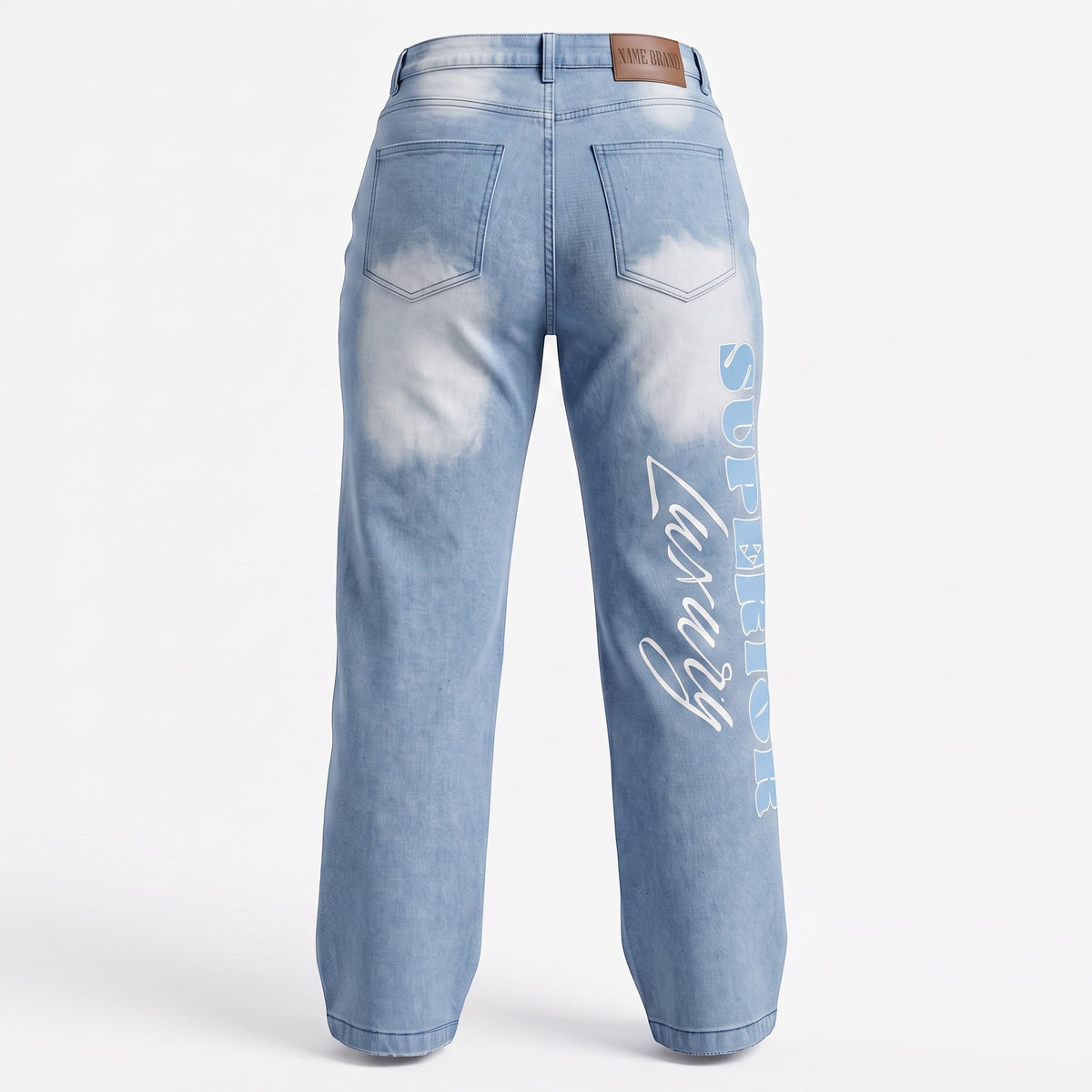NUMMI VESTES light blue denim boyfriend jeans with cloud wash, back pockets, and Superior Luxury embroidery.
