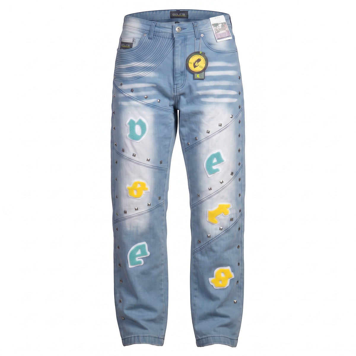 NUMMI VESTES light blue boyfriend jeans with silver studs, chenille lettering, and embroidered Superior Luxury detail.