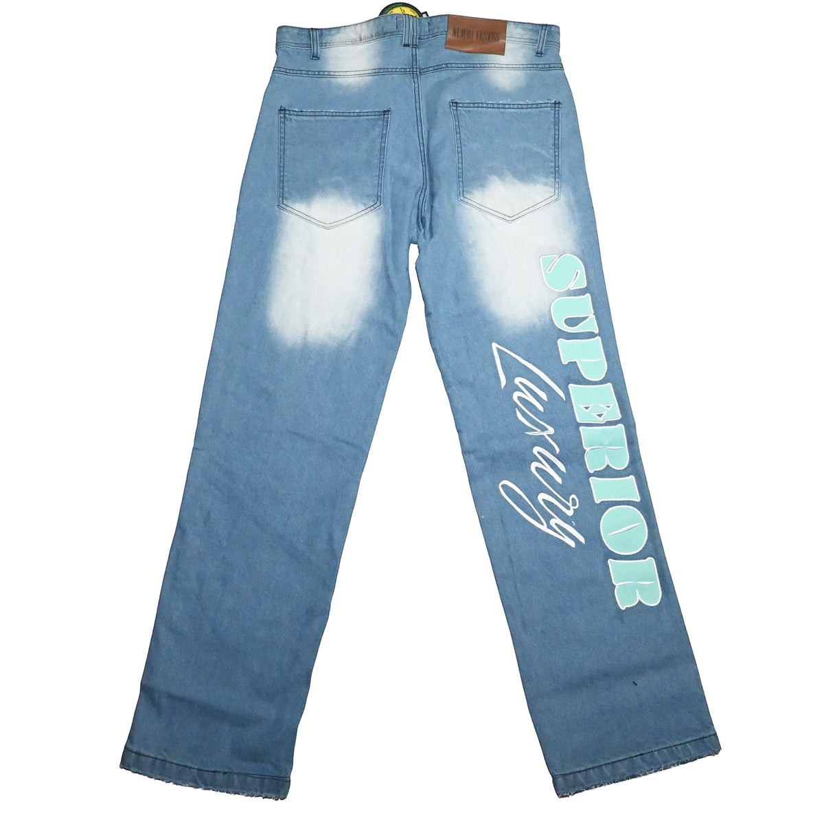 NUMMI VESTES light blue denim boyfriend jeans with Superior Luxury embroidery on the back leg and faded wash details.