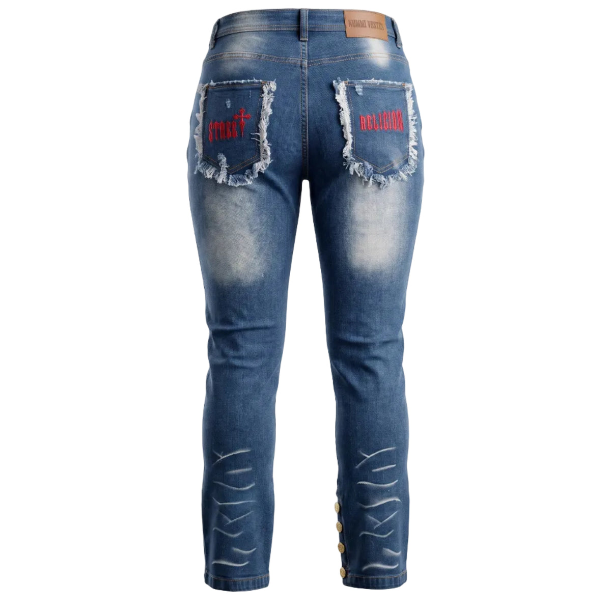NUMMI VESTES blue denim jeans with distressed back pockets, red Street Religion embroidery, and buttoned leg hems.