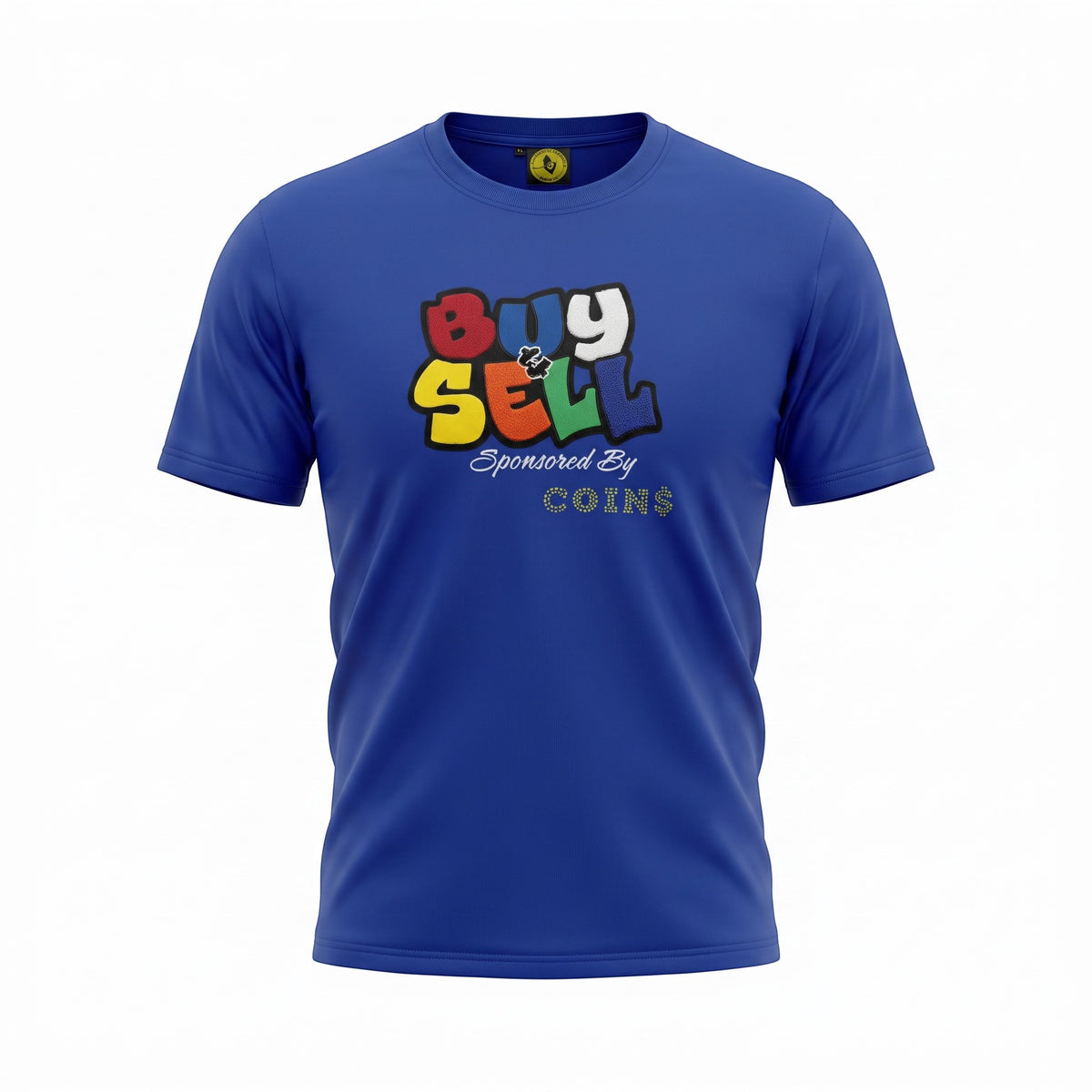 NUMMI VESTES blue short sleeve crewneck t-shirt featuring a vibrant multi-colored BUY & SELL graphic on the chest.