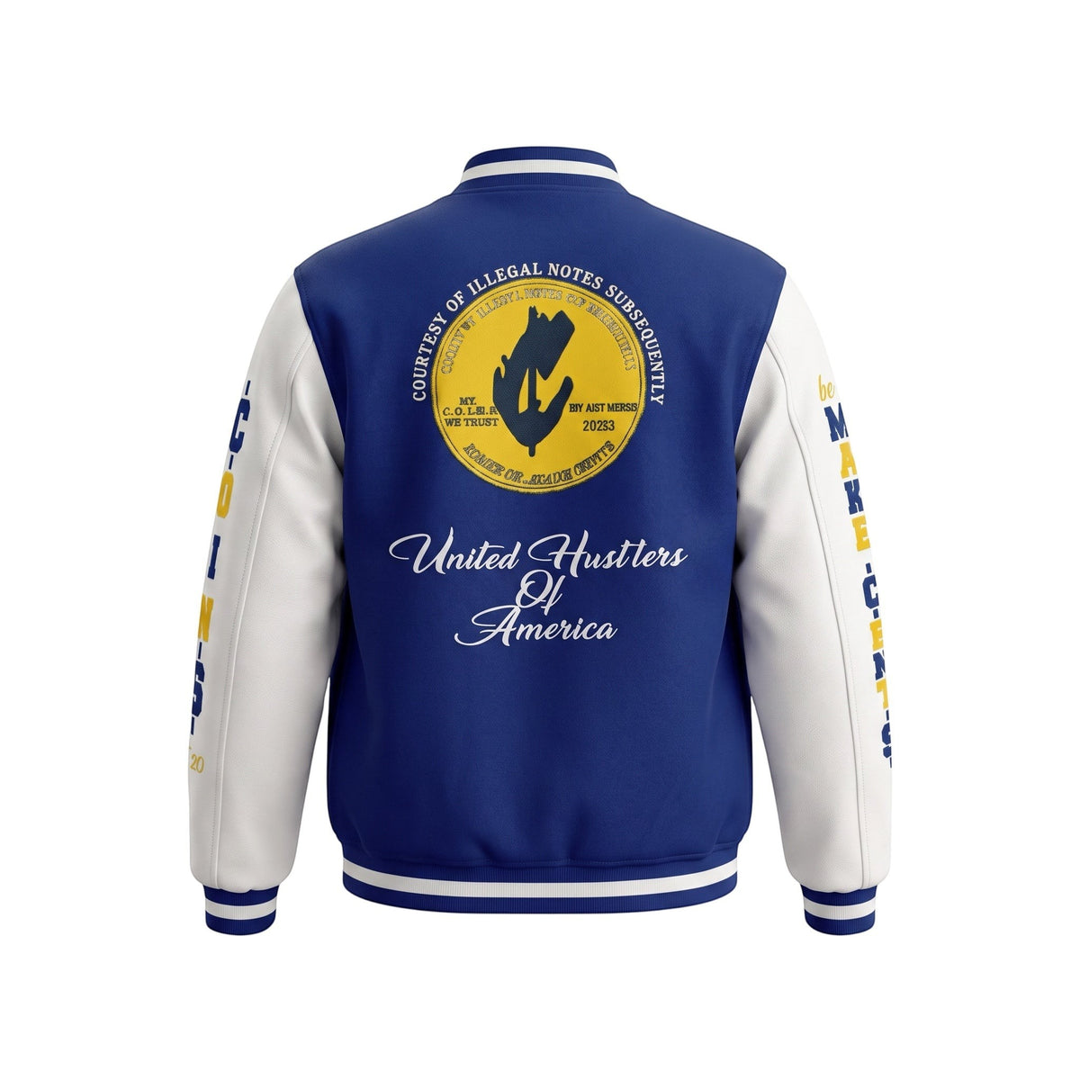 NUMMI VESTES blue and white wool varsity jacket with leather sleeves and United Hustlers of America back graphic