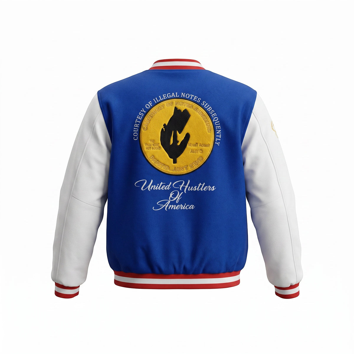 NUMMI VESTES blue wool varsity jacket with white leather sleeves, red striped trim, and back embroidery detail