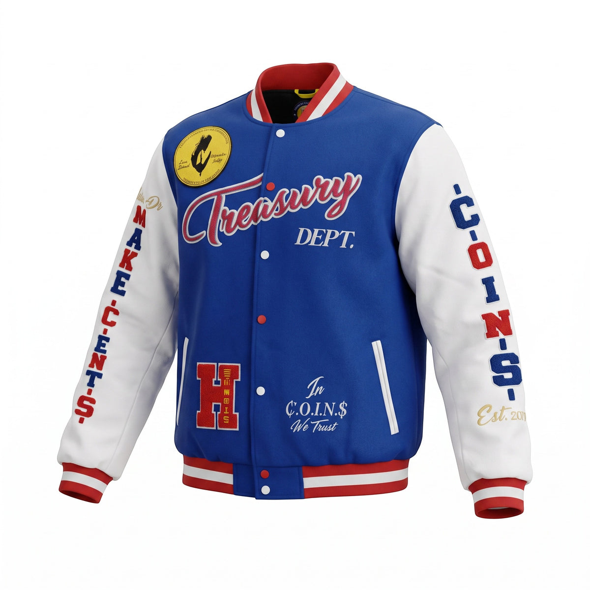 NUMMI VESTES blue wool varsity jacket with white leather sleeves, red striped trim, and embroidered Treasury Dept logo.