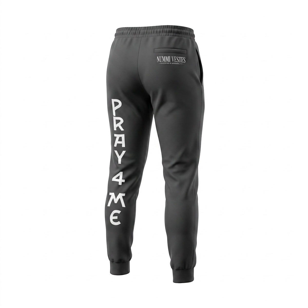 NUMMI VESTES charcoal grey cotton joggers with PRAY 4 ME text print and zippered back pocket, rear view