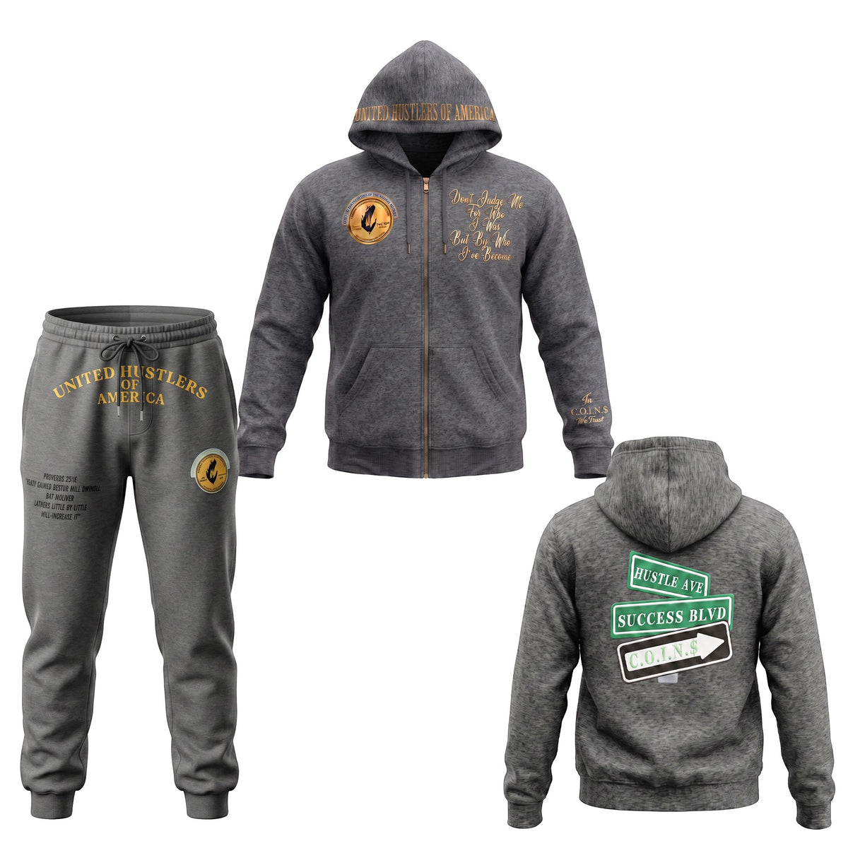 NUMMI VESTES U.H.O.A charcoal grey zippered hooded sweatsuit with gold graphic prints and street sign back design.