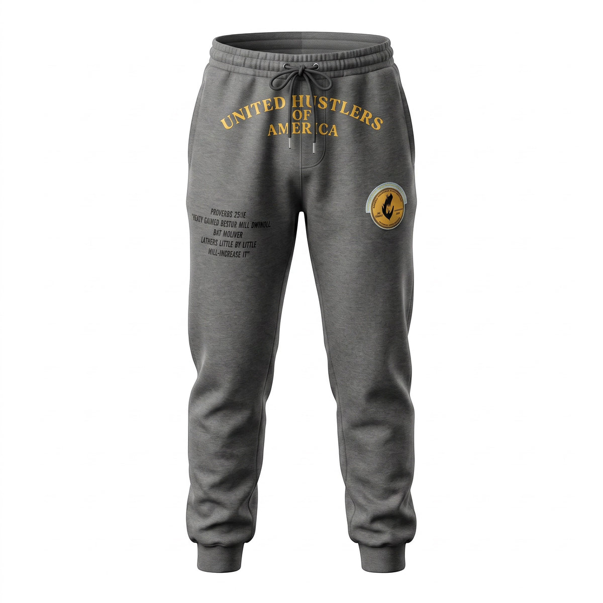NUMMI VESTES charcoal grey joggers with United Hustlers of America text and graphic patches on the front