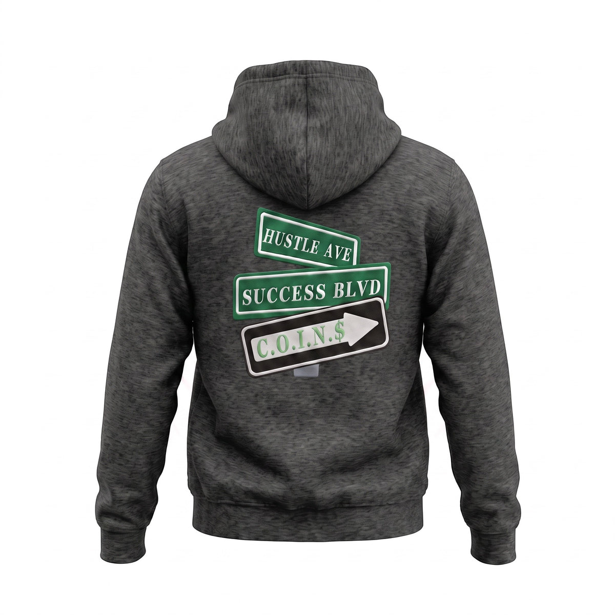 NUMMI VESTES charcoal grey hooded sweatshirt with Hustle Ave, Success Blvd, and C.O.I.N.$ street sign back graphic