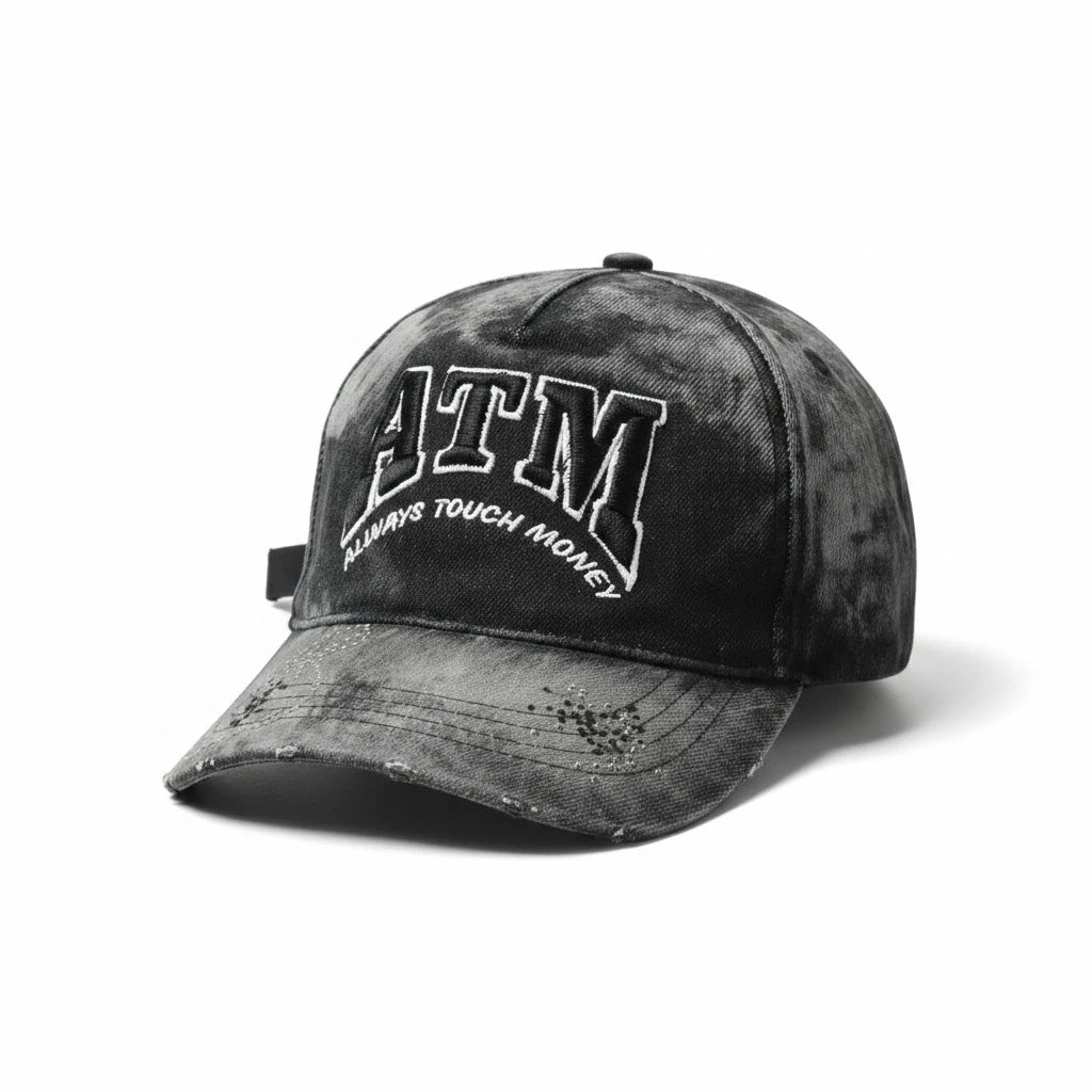 NUMMI VESTES acid-washed black denim baseball cap with ATM embroidery and rhinestone-adorned curved brim
