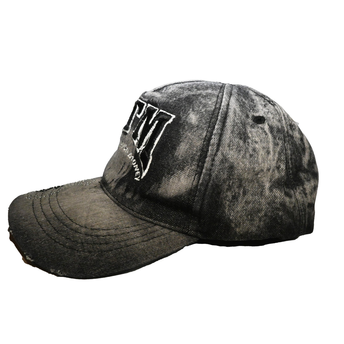NUMMI VESTES acid-washed denim baseball cap with ATM embroidery and rhinestone money bag detail on the curved brim.