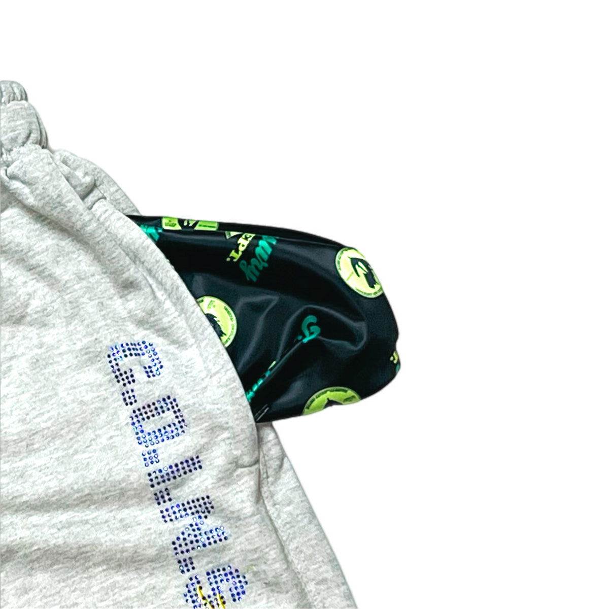 NUMMI VESTES heather grey fleece joggers with rhinestone branding and custom printed pocket lining