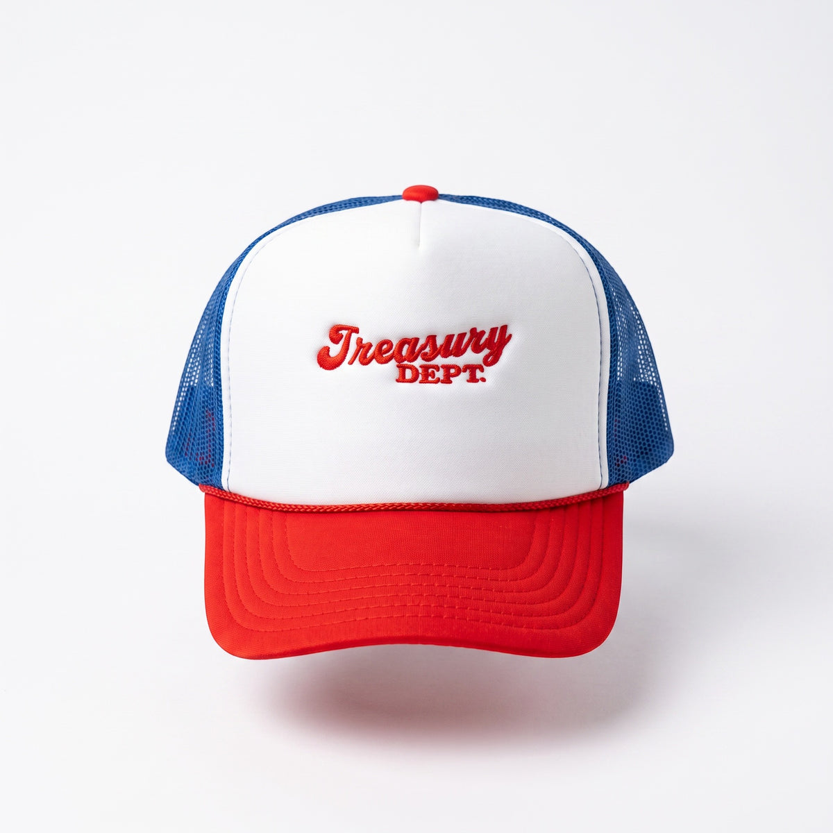 NUMMI VESTES foam trucker snapback hat with white front panel, red brim, and blue mesh back featuring Treasury Dept text