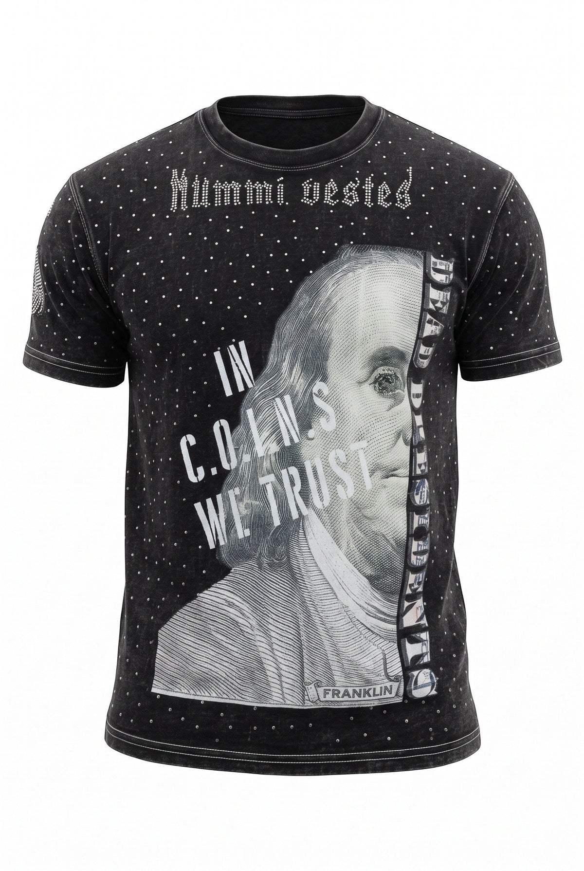 NUMMI VESTES black crewneck t-shirt featuring a Benjamin Franklin graphic print and a subtle white dotted pattern.