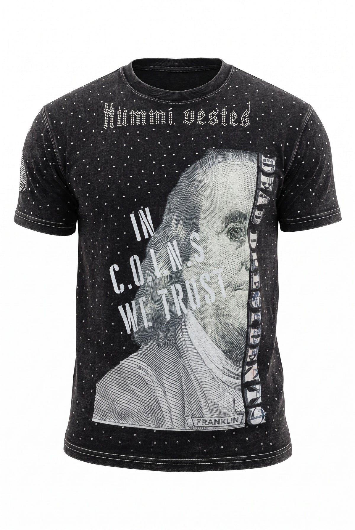 NUMMI VESTES black crewneck t-shirt with Benjamin Franklin currency graphic print and subtle white dotted pattern