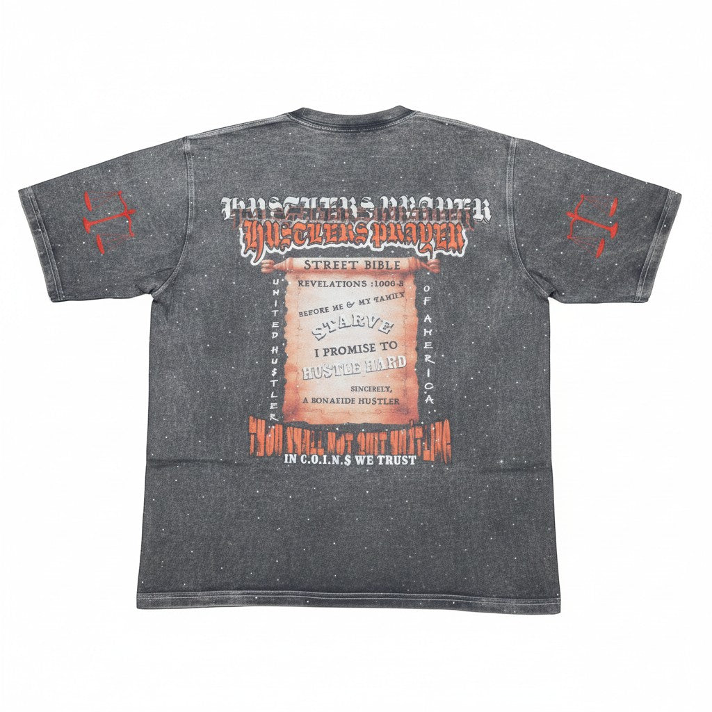 NUMMI VESTES grey acid washed heavy cotton t-shirt with back graphic print and red scale details