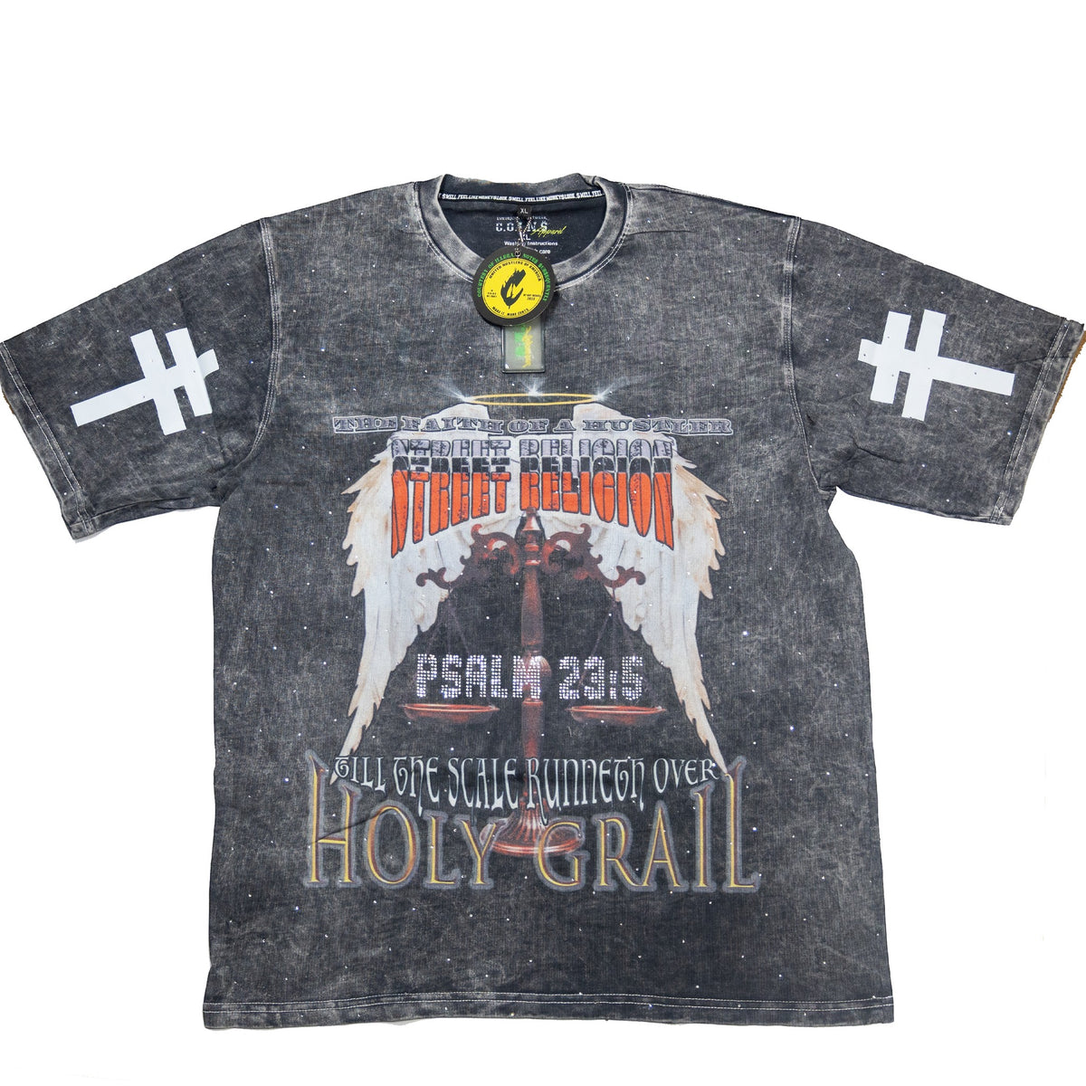 NUMMI VESTES grey acid washed heavy cotton t-shirt with rhinestone Psalm 23:5 graphic, angel wings, and cross details.