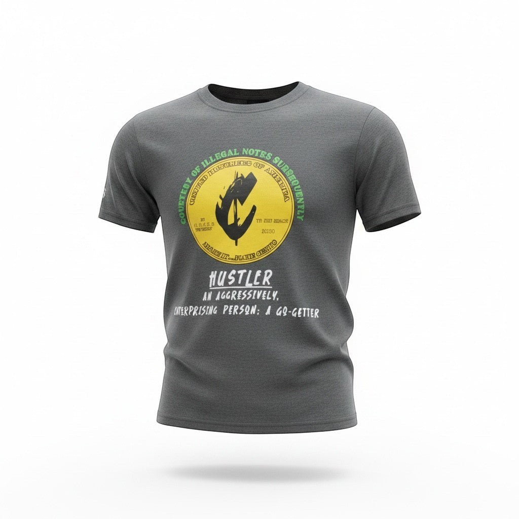 NUMMI VESTES grey short sleeve crew neck t-shirt with a yellow and black graphic print on the chest