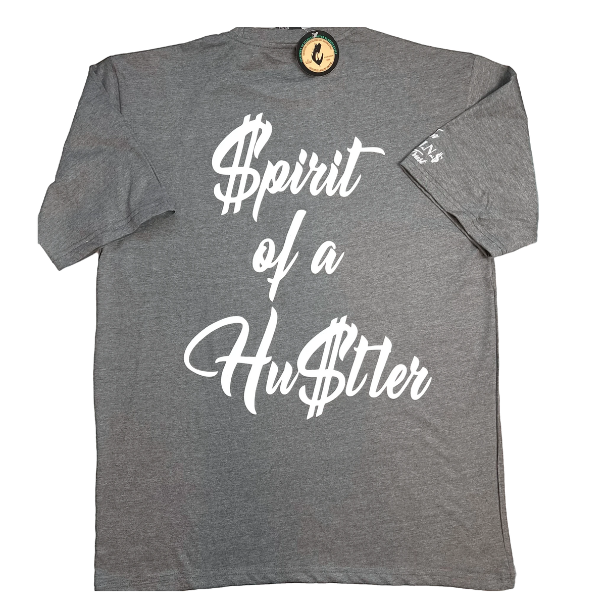 NUMMI VESTES grey short sleeve crew neck t-shirt with white Spirit of a Hustler graphic print on the back