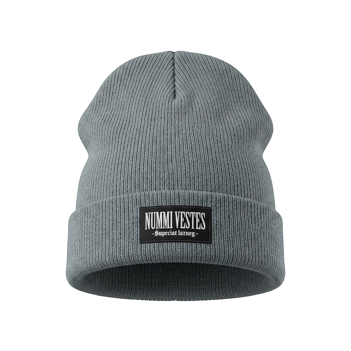 NUMMI VESTES grey ribbed wool winter beanie with a branded black patch on the folded cuff