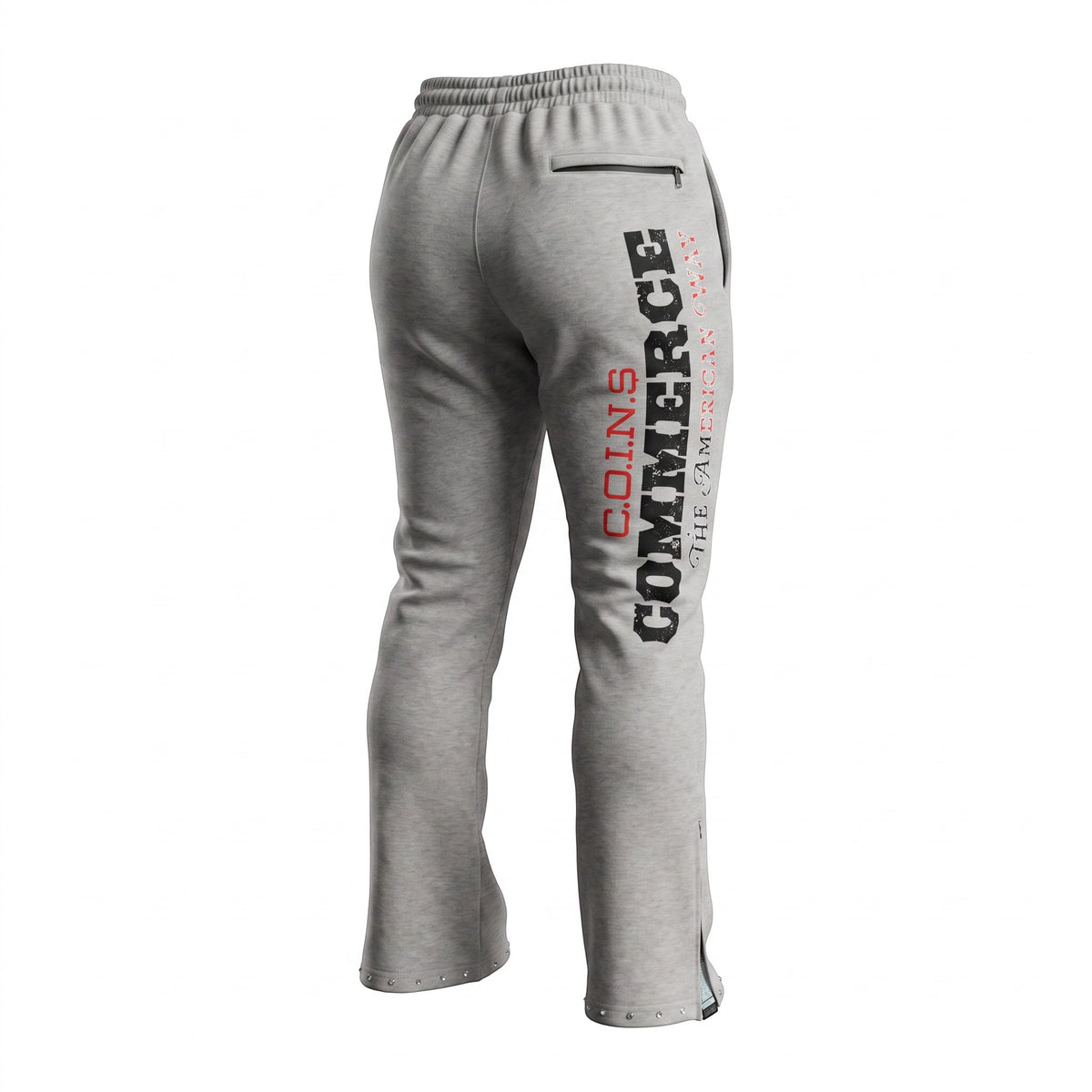 NUMMI VESTES light gray terry cotton flared joggers with Commerce text print on the back leg and rhinestone accents.