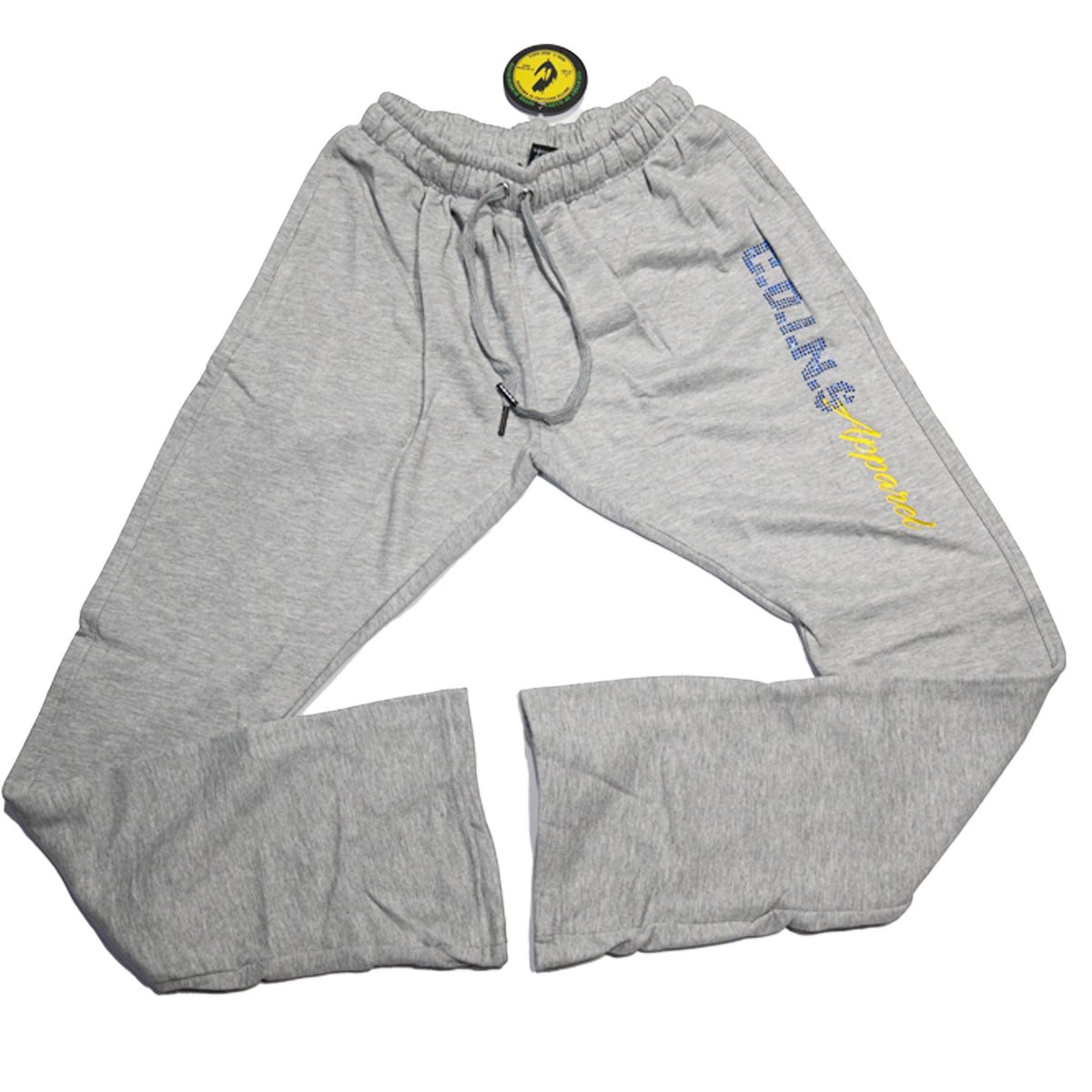 NUMMI VESTES heather grey fleece jogger sweatpants with rhinestone branding down the leg and drawstring waistband