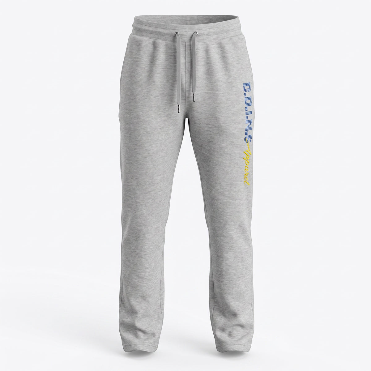 NUMMI VESTES heather grey fleece jogger sweatpants with blue and yellow rhinestone branding on the left leg