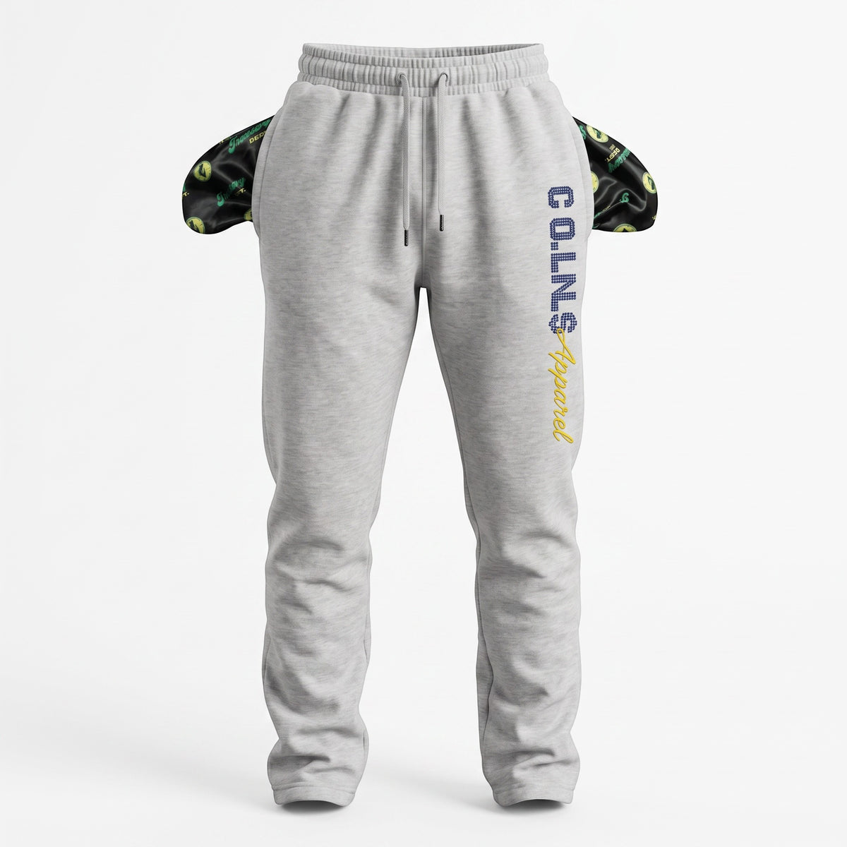 NUMMI VESTES heather grey fleece jogger sweatpants with rhinestone branding and custom-printed pocket linings
