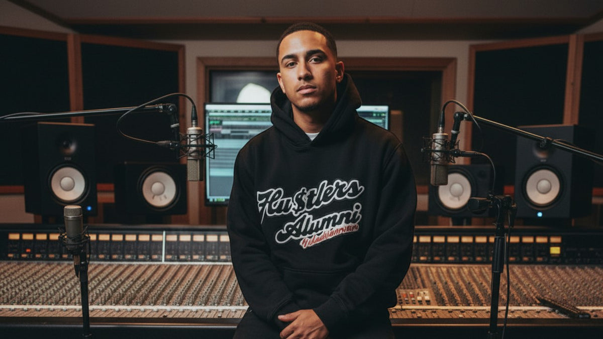 NUMMI VESTES Hustlers Alumni black premium cotton hooded sweatshirt worn by a man in a professional music studio