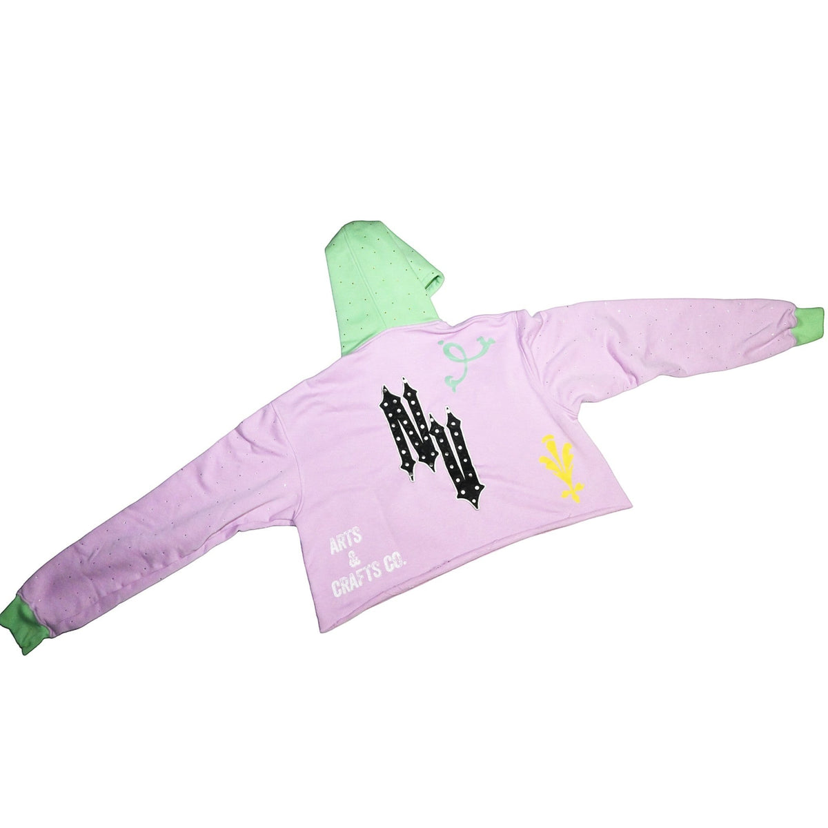 Back view of NUMMI VESTES lavender and mint green color-blocked cropped hoodie with graphic prints and embellishments.